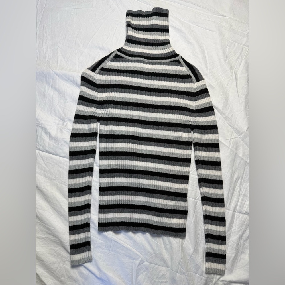 Small Ann Taylor LOFT Black and Gray Striped Turtleneck Sweater - Picture 3 of 3